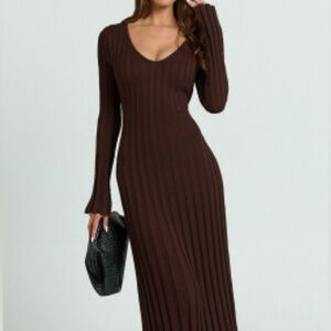 SHOWPO ASTRA MAXI DRESS - V NECK LONG SLEEVE KNIT DRESS IN CHOCOLATE